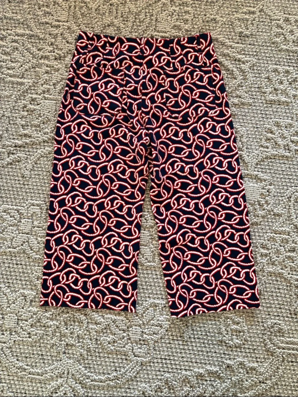 Anthropologie Maeve Navy, Red & White Chain-Print Pants Cropped Size 34 - Picture 3 of 10
